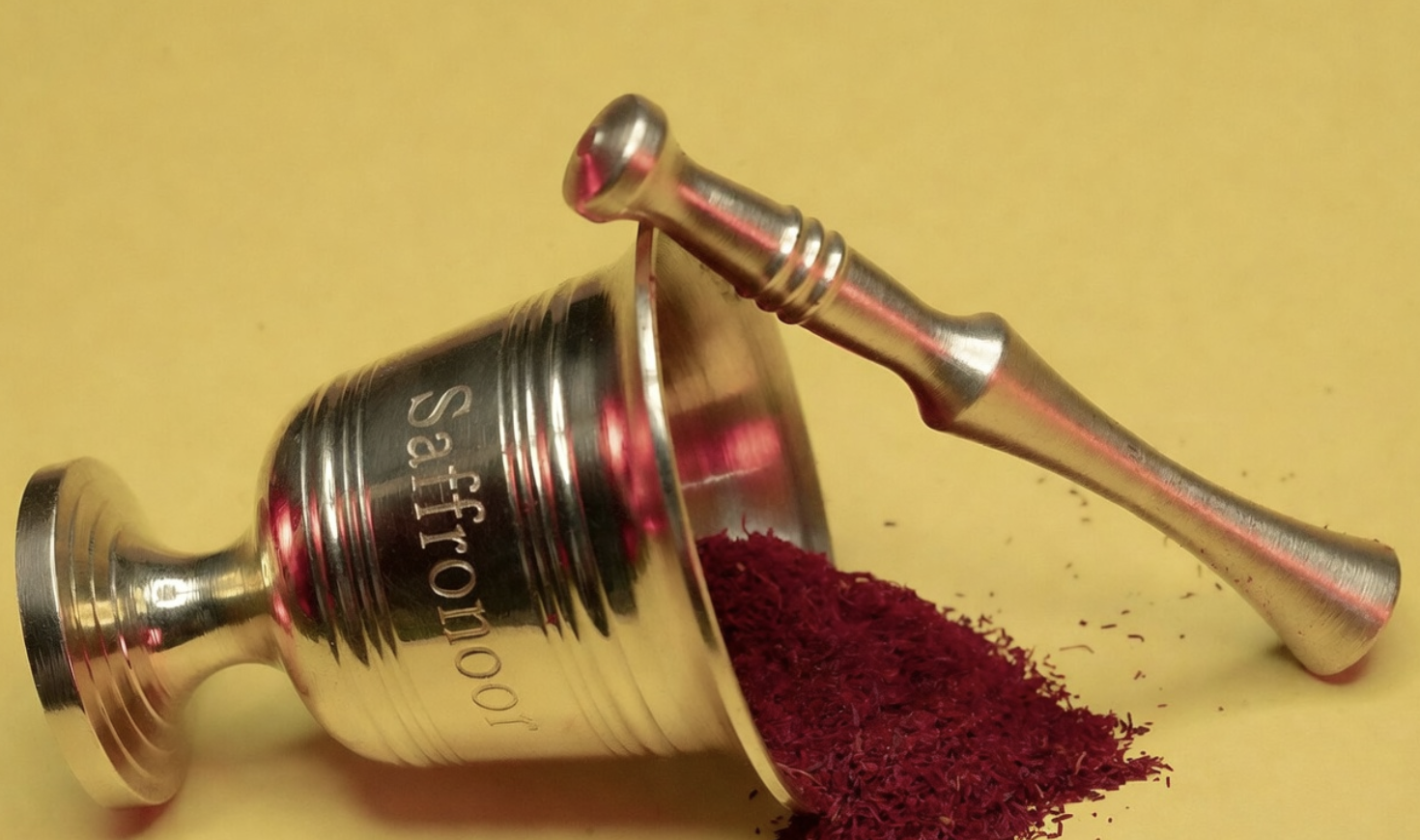 Pure natural saffron threads in a ceramic bowl